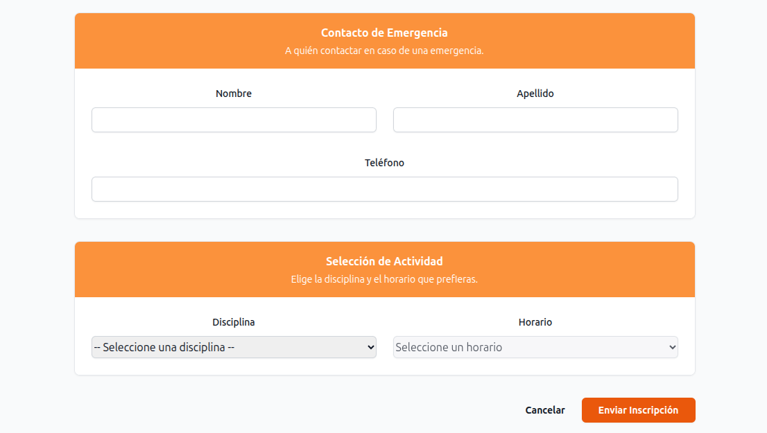 Selección de disciplina y horario